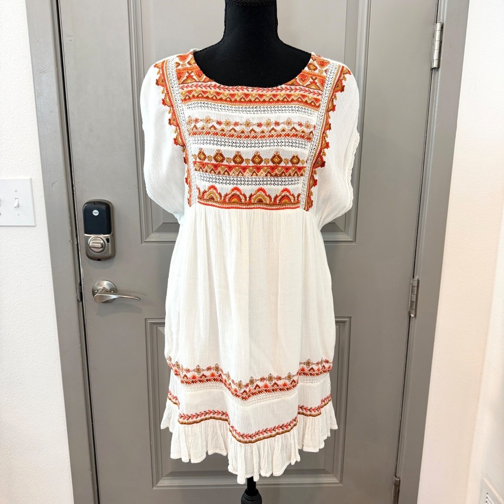 Free People Sunrise Wanderer Tunic Mini Dress XS Bohemian Peasant Gypsy Festival